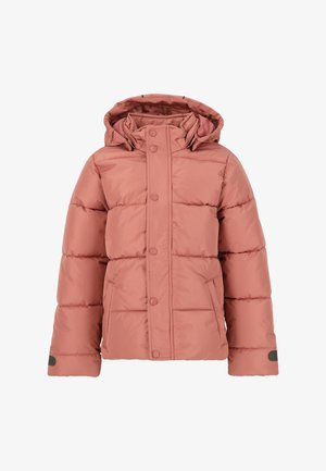 Chaqueta acolchada rosa con capucha, con un diseño acolchado, botones a presión en la parte delantera y detalles en negro en las mangas.