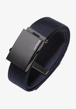 Ceinture en tissu tissé bleu marine avec une boucle métallique rectangulaire noire affichant le nom de la marque "ombre" en lettres blanches.