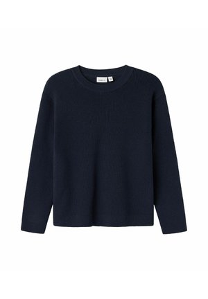 Pull en tricot bleu marine avec un col rond et des manches longues. Texture côtelée et coupe décontractée, adaptée à un porté quotidien.