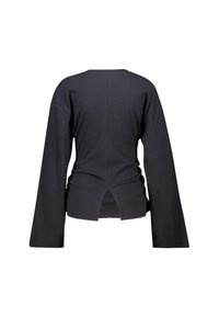 Black long-sleeve top made of soft fabric, featuring a round neckline and a split at the back. Simple design with minimal accents.