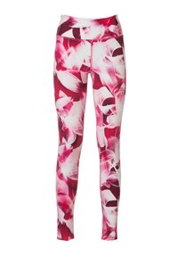 Moniväriset legginssit, joissa on pinkki-valkoinen kukkakuosi, korkea vyötärö ja sileä, joustava kankaan rakenne.