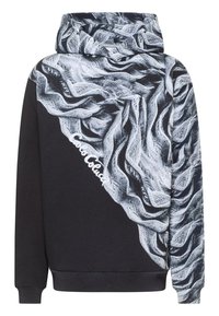 Black hoodie featuring a textured fabric design in shades of white and gray, with a diagonal pattern and “Color Colour” text near the hem.