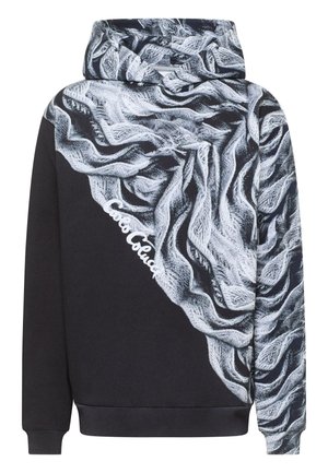 Black hoodie featuring a textured fabric design in shades of white and gray, with a diagonal pattern and “Color Colour” text near the hem.