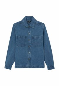 Jachetă din denim de culoare albastru mediu, cu mâneci lungi, nasturi tip clapă, două buzunare la piept și un guler plat. Are o textură ușor decolorată.