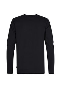 Zwart katoenen T-shirt met lange mouwen en ronde hals, met een rechte snit en zonder zichtbare merktekens of patronen. Gladde textuur.