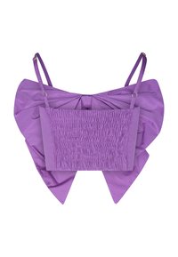 Top viola con maniche ampie e fluide a forma di fiocco e pannello centrale arricciato; realizzato in un tessuto morbido e liscio. Spalline regolabili.
