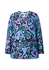 Langärmlige V-Ausschnitt-Bluse mit lebendigen blauen, violetten und pinken Herzmustern auf schwarzem Hintergrund.