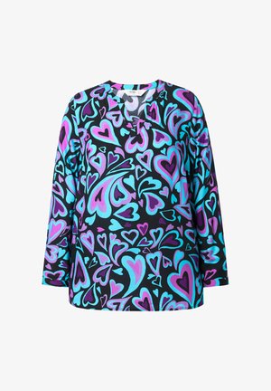 Blusa de manga larga con cuello en V, con vibrantes patrones de corazones en azul, morado y rosa sobre un fondo negro.