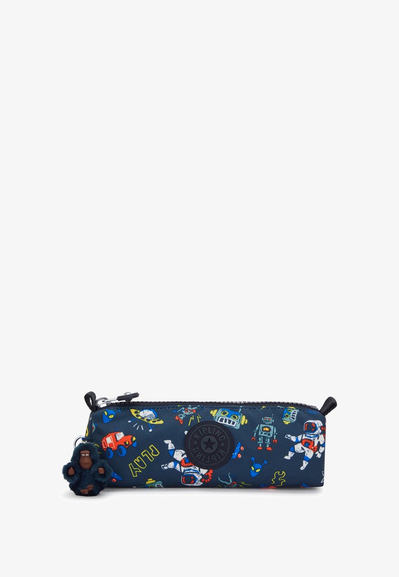 Niebieska etui na przybory z kolorowymi ilustracjami o tematyce kosmicznej. Posiada teksturowaną powierzchnię i zawiera breloczek w kształcie goryla. Zamek błyskawiczny.