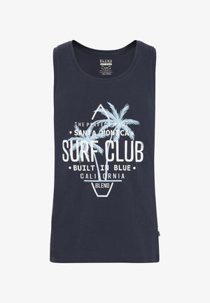 Granatowy bawełniany top bez rękawów z grafiką przedstawiającą palmowe drzewa i napisem: "Surf Club, Santa Monica, Built in Blue, California."