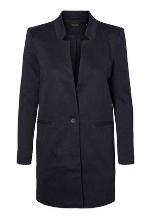 Long blazer bleu marine foncé avec une fermeture à un bouton, deux poches fendues à l'avant et un col sans col.