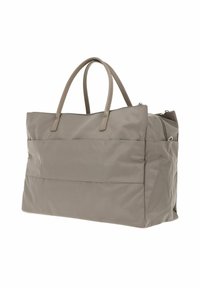 Borsa tote in nylon grigio con due manici superiori, chiusura con zip e tasca frontale. Texture liscia con design minimalista e senza hardware visibile.