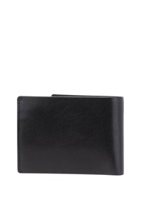 Portafoglio in pelle nera con texture liscia, design bifold, bordi arrotondati e cuciture visibili lungo le cuciture. Nessun altro dettaglio aggiuntivo.