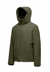Giacca isolante verde oliva con cappuccio, chiusura frontale con zip, maniche lunghe e tasche laterali, progettata per il freddo.