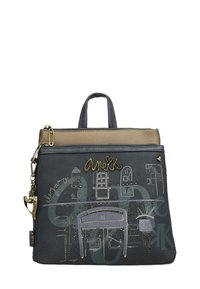 Sac à main en simili cuir gris avec quincaillerie en ton doré, doté d'une fermeture éclair sur le dessus, de croquis décoratifs et de deux poignées supérieures.