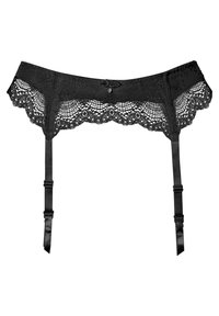 Garter belt en dentelle noire avec des motifs complexes, des bords en zigzag, un nœud en satin et des sangles en satin ajustables pour l'attache.