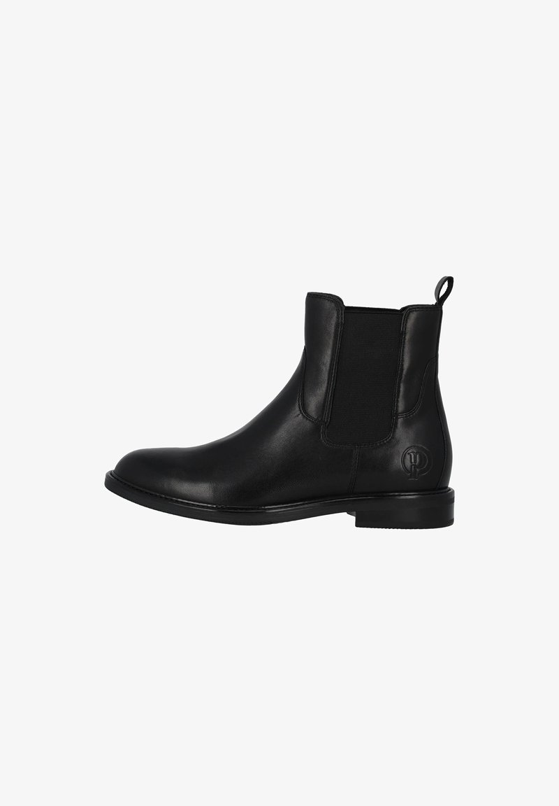 Bottine Chelsea en cuir noir avec panneaux élastiques latéraux, bout arrondi, languette de traction et semelle en caoutchouc plate avec un détail logo discret.