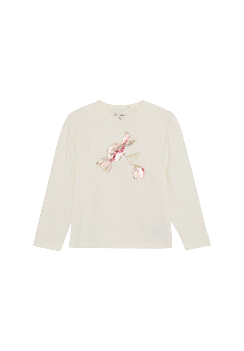 Crème shirt met lange mouwen, versierd met een gestructureerd suikergoedontwerp in roze en goud. Zacht gebreid materiaal met een ronde halslijn en gerimpelde schouders.
