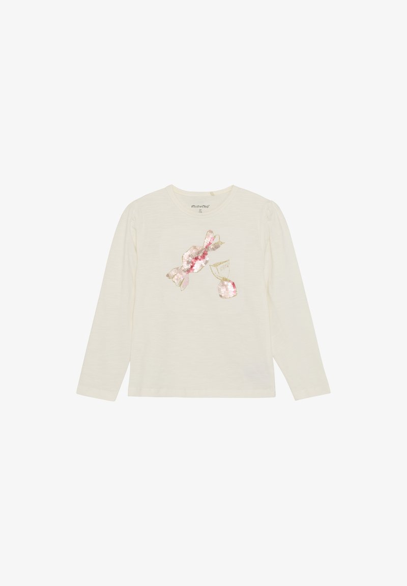 Langärmliges cremefarbenes Hemd mit einem mit Pailletten verzierten Bonbonmotiv in Rosa und Gold. Weiches Strickmaterial mit einem runden Ausschnitt und angesammelten Schultern.