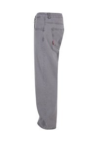 Gray denim jeans with a straight-leg design, five-pocket styling, and subtle stitching. Features a red logo tag on the back pocket.