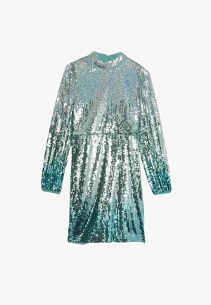 Vestido de lentejuelas turquesa con mangas largas, cuello alto falso y silueta ajustada. Las lentejuelas crean un efecto degradado de oscuro a claro.