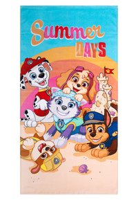 Asciugamano da spiaggia in cotone multicolore con cuccioli dei cartoni animati su uno sfondo sabbioso, con la scritta 'Giorni d'Estate' in grassetto rosso e rosa.