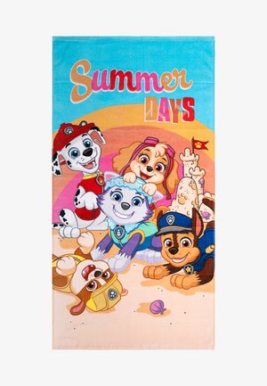 Multicolored cotton beach towel featuring cartoon puppies on a sandy background, with "Summer Days" text in bold red and pink lettering.