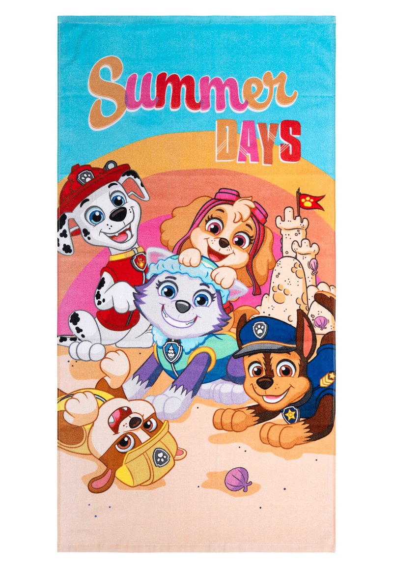 Asciugamano da spiaggia in cotone multicolore con cuccioli dei cartoni animati su uno sfondo sabbioso, con la scritta 'Giorni d'Estate' in grassetto rosso e rosa.
