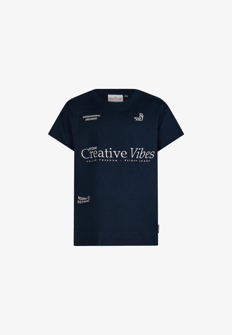 Granatowa bawełniana koszulka z okrągłym dekoltem, krótkimi rękawami i różnymi białymi nadrukami tekstowymi, w tym "Kreatywne Wibracje" i "Nie Żałuj Niczego."