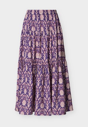 Lila és rózsaszín réteges maxi szoknya, húzott derékrésszel és részletes virág- és geometriai mintázattal az egész felületen.