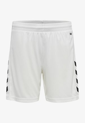 Bermudas deportivas blancas con cintura elástica, con franjas diagonales negras en los costados. Fabricadas con un material ligero y suave.