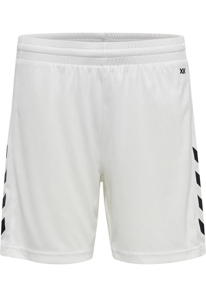 Witte sportshorts met elastische tailleband, voorzien van zwarte diagonale strepen aan de zijkanten. Gemaakt van lichtgewicht, glad materiaal.