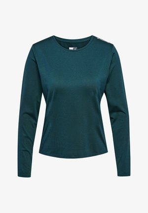 Dunkeltürkises Langarmshirt aus strukturiertem Stoff, mit Rundhalsausschnitt und einem dezenten Logo-Detail auf einer Schulter.