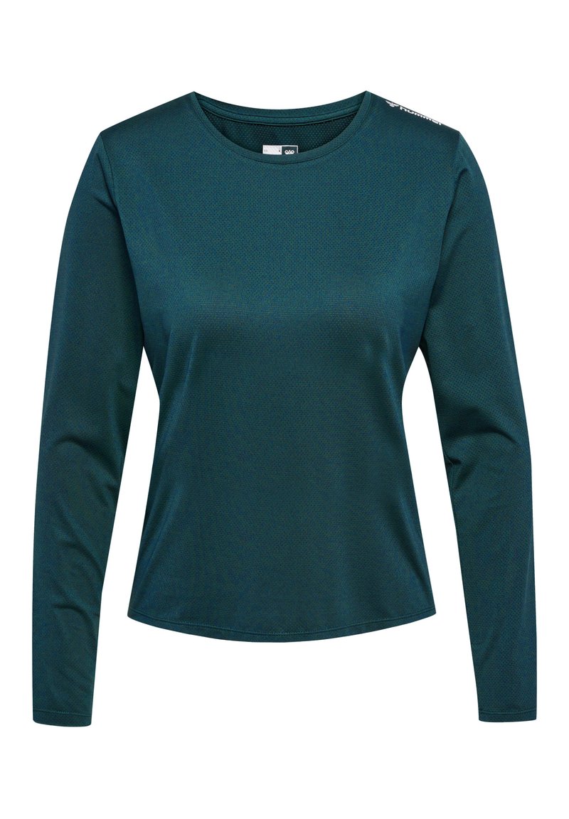 Donkerblauwe langemouw shirt gemaakt van een gestructureerde stof, met een ronde hals en een subtiele logodetail op een schouder.