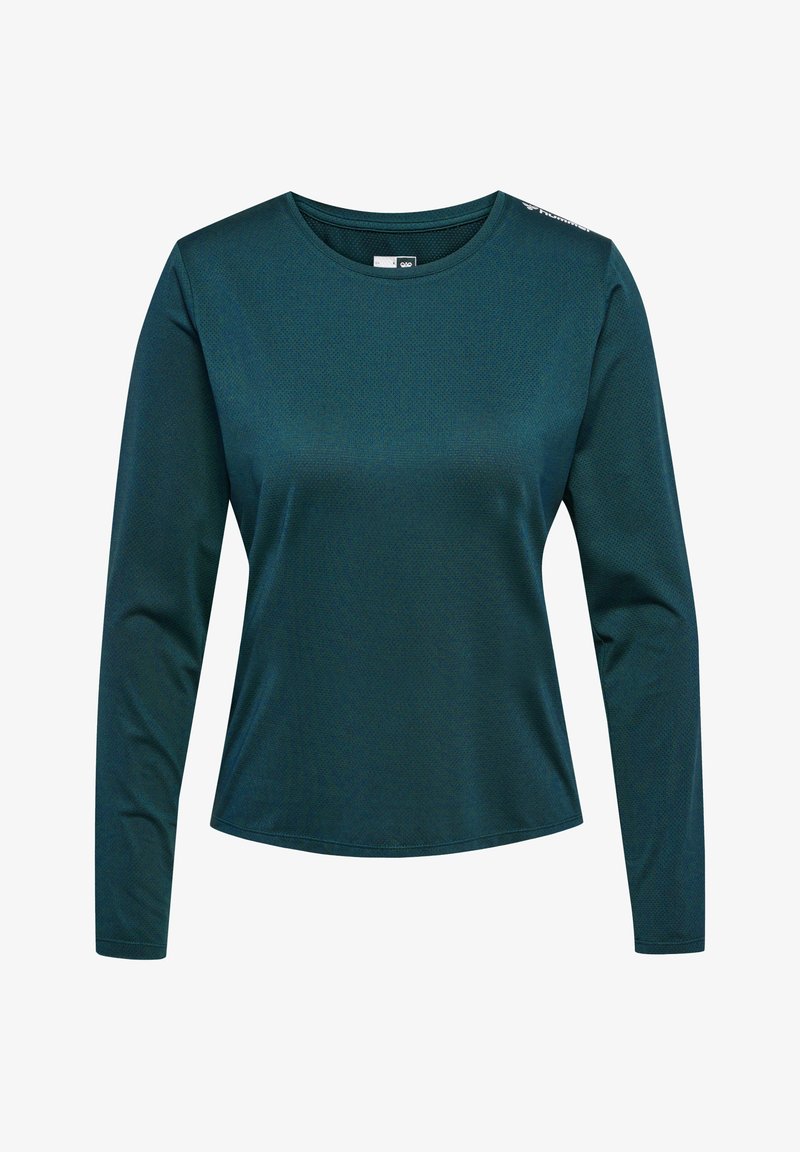 Ciemna morska bluza z długim rękawem uszyta z teksturowanej tkaniny, z okrągłym dekoltem i subtelnym logo na jednym ramieniu.