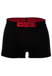 Μαύρα βαμβακερά σορτς μποξέρ με ένα κόκκινο λογότυπο Diesel στη ζώνη. Διαθέτουν εφαρμογή που αγκαλιάζει το σώμα και στρογγυλή άνοιξη μπροστά.