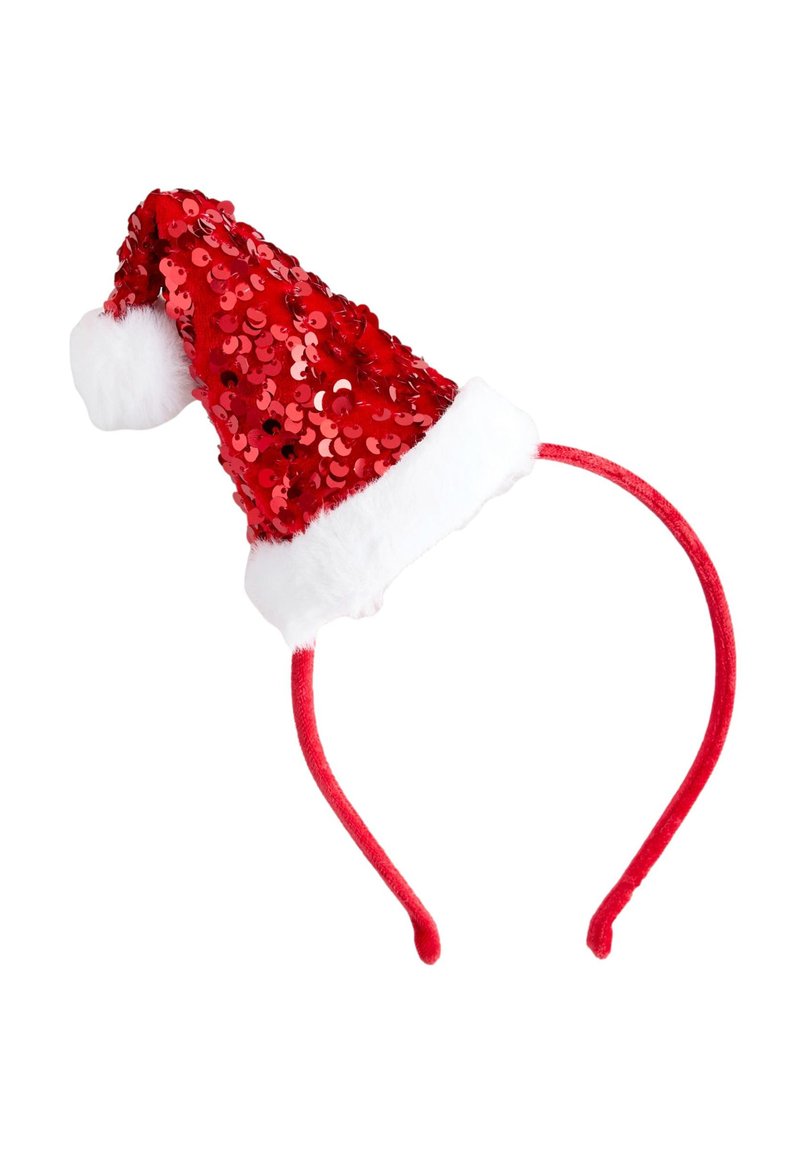 Red sequin Santa hat headband features a soft white trim and fluffy pom-pom. Adjustable band for secure fit; festive design suitable for holidays.