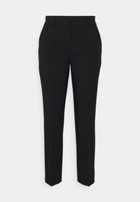 Pantalons noirs ajustés à coupe droite, avec une texture lisse, des passants de ceinture et des poches latérales. Design uni sans motifs.