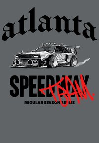 Grafický design s černobílou ilustrací auta a výraznými výfukovými trubicemi. Text zní "Atlanta" a "SPEEDWAY" v tučných písmenech na šedém pozadí.