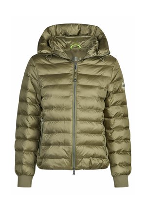 Olive green quilted puffer jacket with a hood, front zipper, zippered side pockets, elastic cuffs, and a logo patch on the left sleeve.