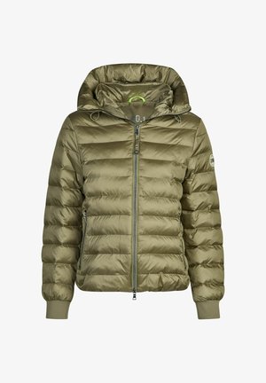 Olive green quilted puffer jacket with a hood, front zipper, zippered side pockets, elastic cuffs, and a logo patch on the left sleeve.