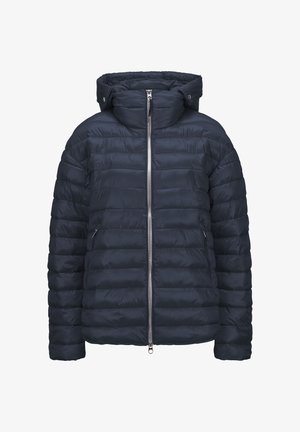 Marineblaue Steppjacke mit horizontalem Steppmuster, ausgestattet mit einem Reißverschluss vorne, hohem Kragen und zwei seitlichen Reißverschlusstaschen. Leichtes Material.