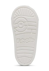 Suola di scarpa in gomma bianca con design testurizzato, accentuazione circolare e logo stampato "Falcotto." Taglia 19 indicata vicino al centro.