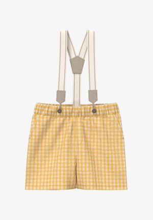 Gelb-weiß karierte Shorts mit beigen verstellbaren Hosenträgern, befestigt mit Knöpfen und elastischem Bund.