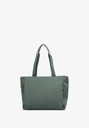 Borsa a tote verde con doppi manici, realizzata in materiale liscio e resistente. Presenta una forma rettangolare semplice e un design minimalista.