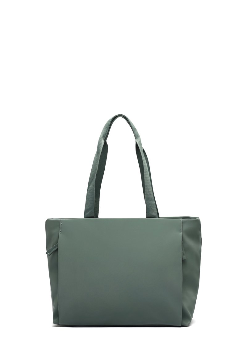 Borsa a tote verde con doppi manici, realizzata in materiale liscio e resistente. Presenta una forma rettangolare semplice e un design minimalista.