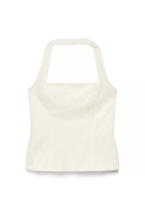 Top senza maniche color crema con scollo quadrato e spalline larghe, caratterizzato da un corpetto aderente e tessuto liscio.