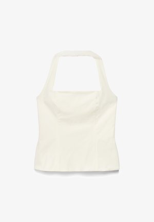 Krémovo sfarbený top bez rukávov so štvorcovým výstrihom a širokými ramienkami, s priliehavým živôtikom a hladkým materiálom.