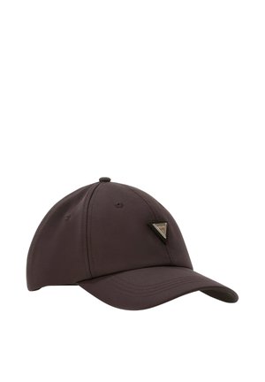 Casquette de baseball à six panneaux de couleur brun foncé avec une visière courbée et un petit logo triangulaire sur le côté avant droit.