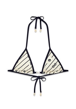 Top de bikini triangular con borde negro, patrones de cuerda náutica y brújula sobre tela blanca, anudado con tiras negras en el cuello y la espalda.